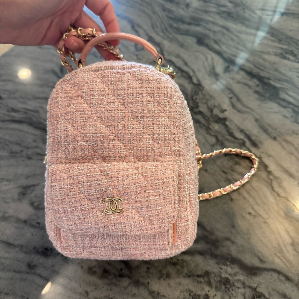 Pink Quilted Backpack with Gold Chain Strap